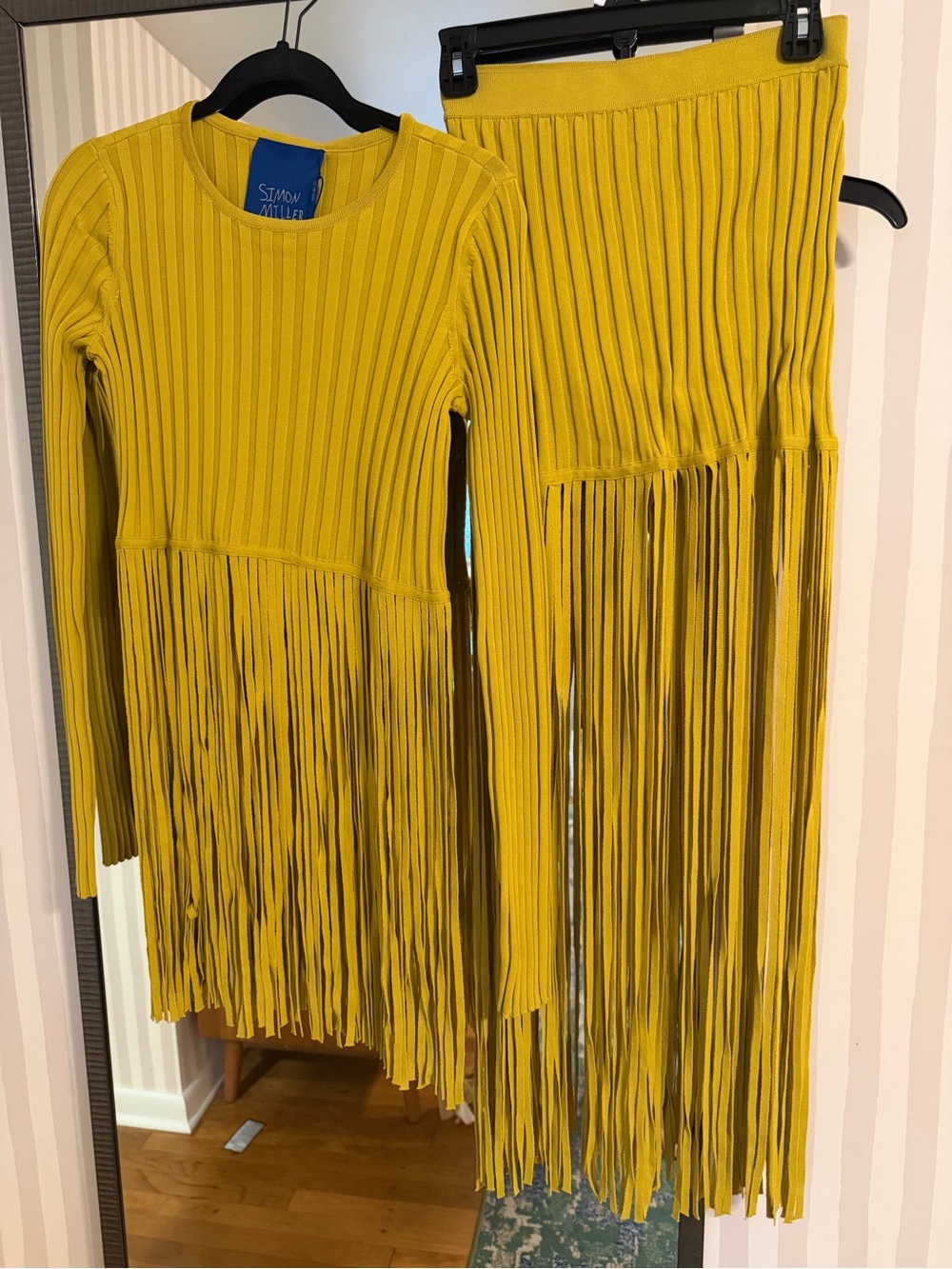 Simon Miller Yellow Ribbed Fringe Top and Skirt Set